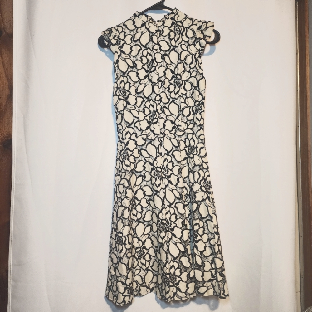 H&M Womens Cream Black Embroidered Floral Midi Fit & Flare Dress Ruffle Sz 2 (G)